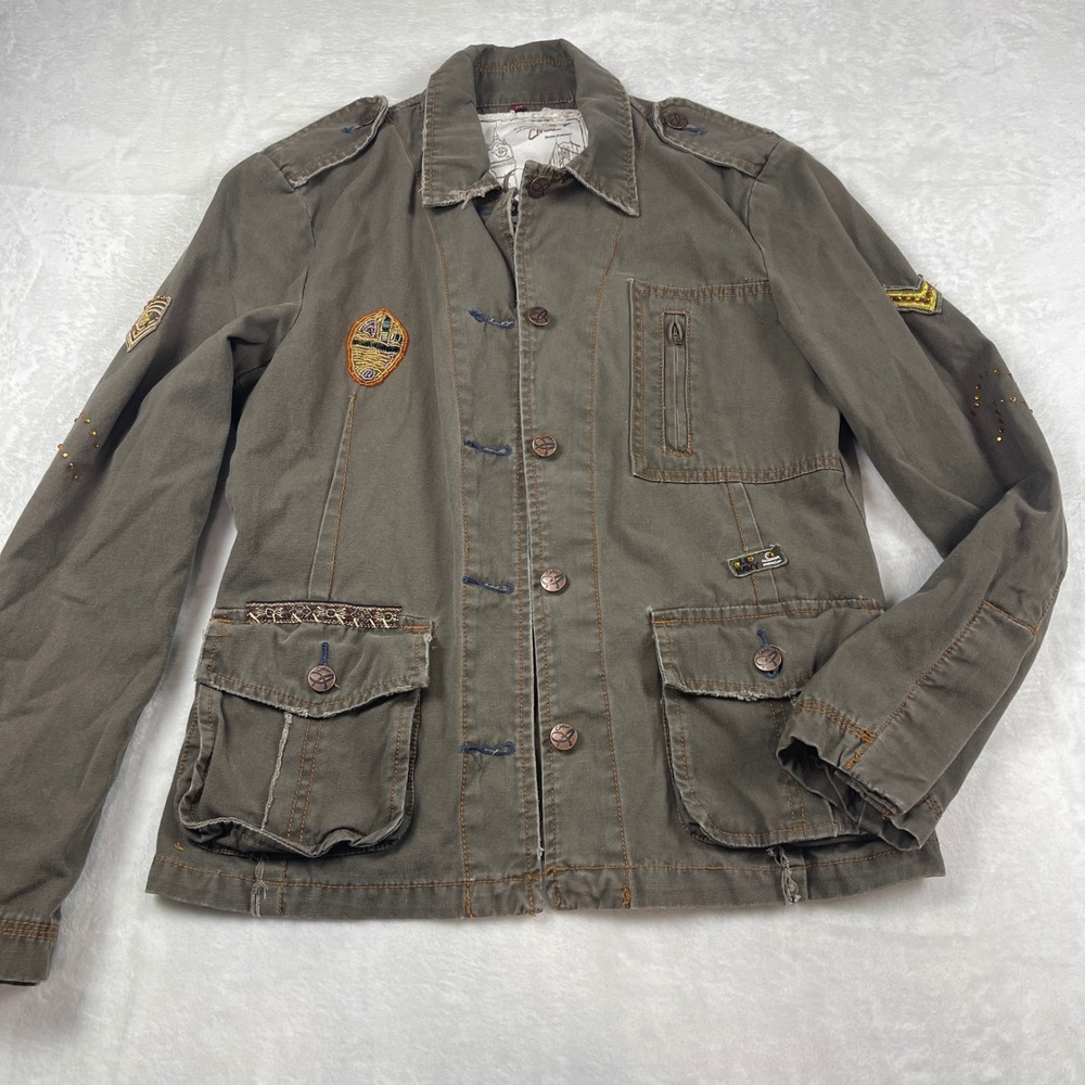 Womens XL Military Utility Jacket Beaded Patches Olive Tan Maximalist Festival